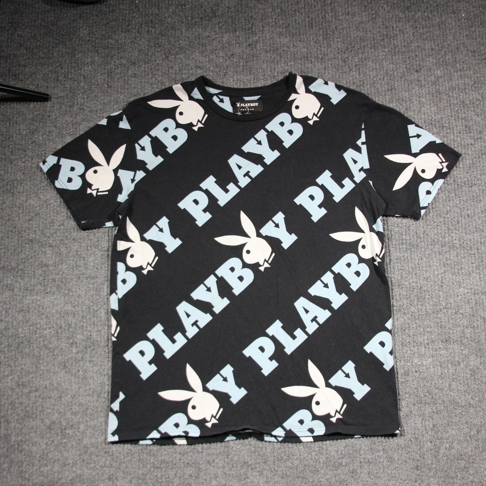 Playboy by Pacsun T Shirt Mens Large Black‎ Bunny AOP Rare Spellout